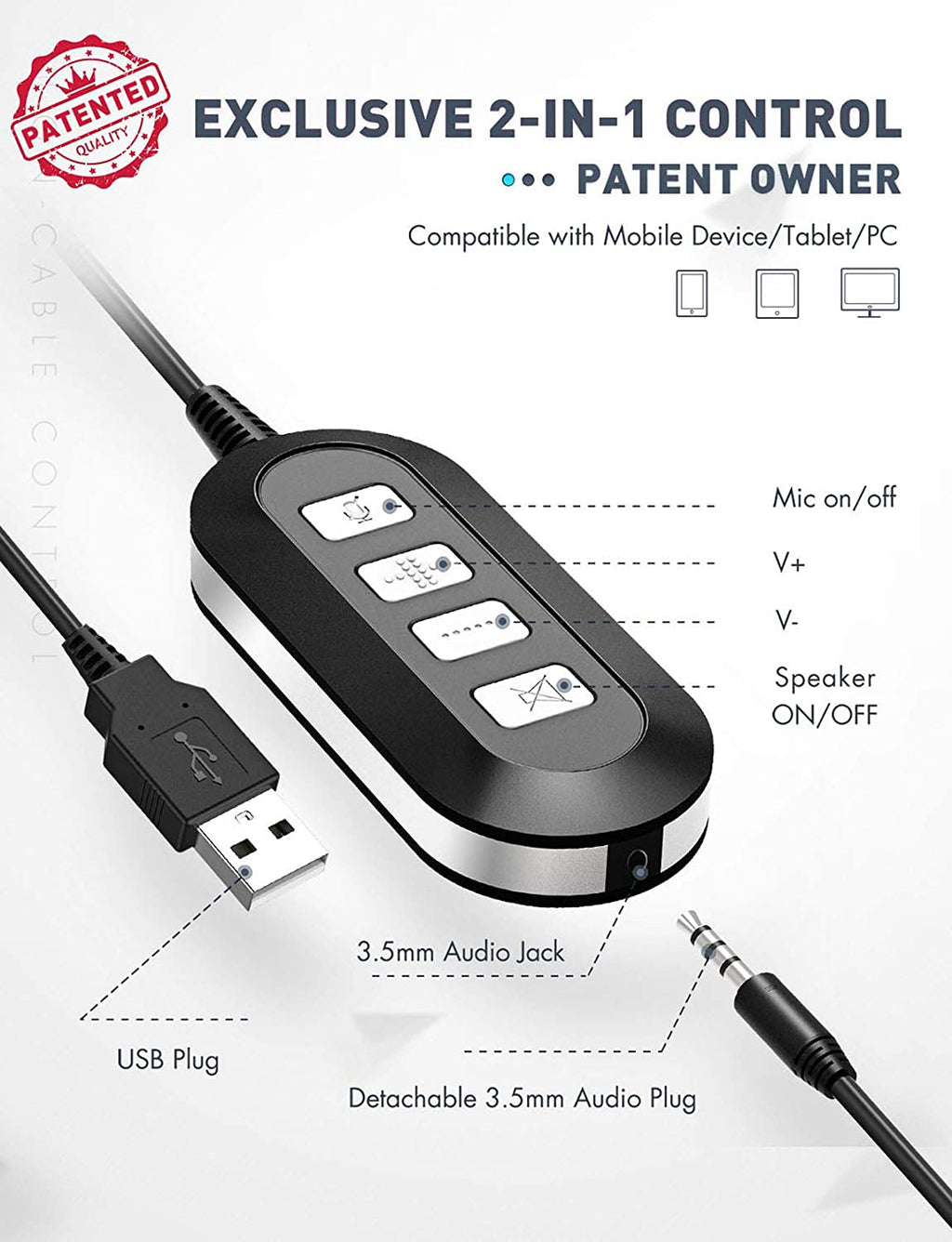 (2 pack）Mpow 071 USB Headset/3.5mm Computer Headset